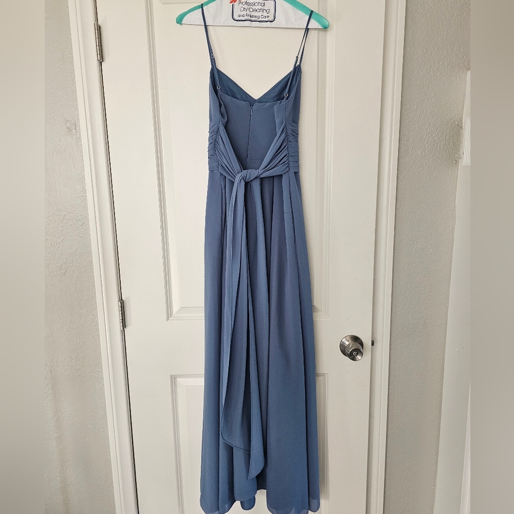 David's Bridal Chiffon Steel BLUE Maxi Dress W Pockets - Picture 3 of 8
